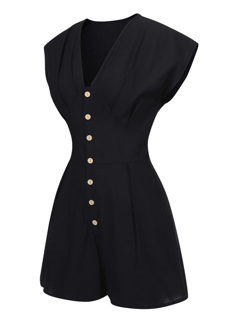 Black 1940s Solid Button Cap V-Neck Romper