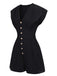 Black 1940s Solid Button Cap V-Neck Romper