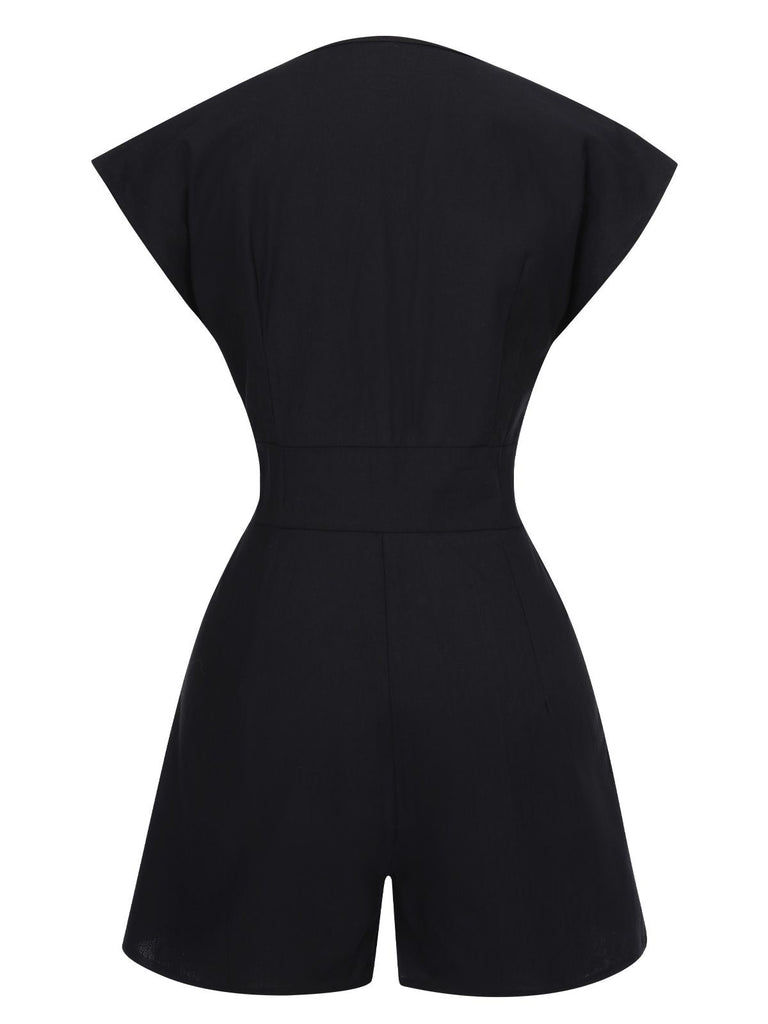 Black 1940s Solid Button Cap V-Neck Romper