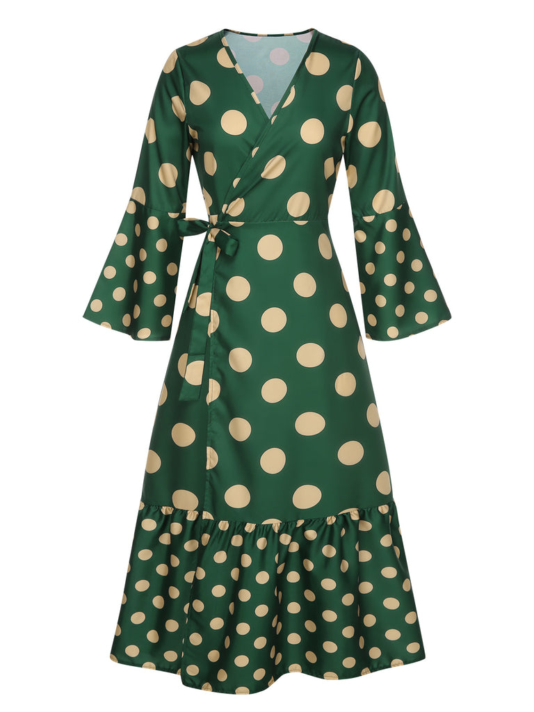 Green 1940s Polka Dots Lace-Up Flare Dress