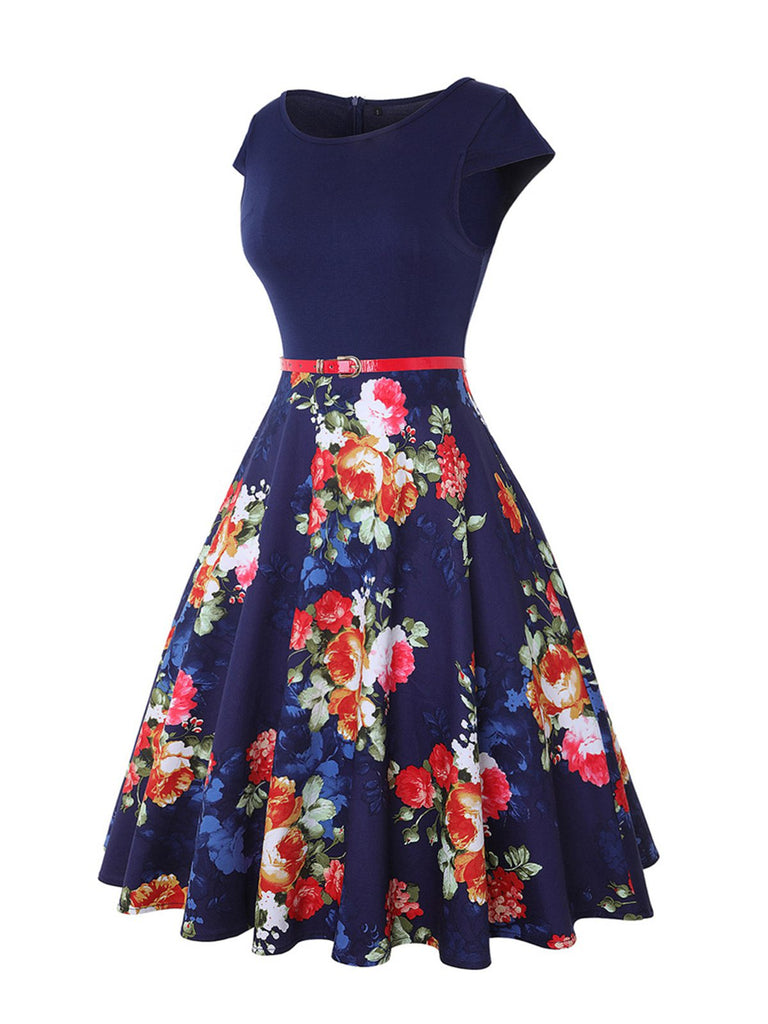 Deep Blue 1950s Floral Patchwork Swing Dress