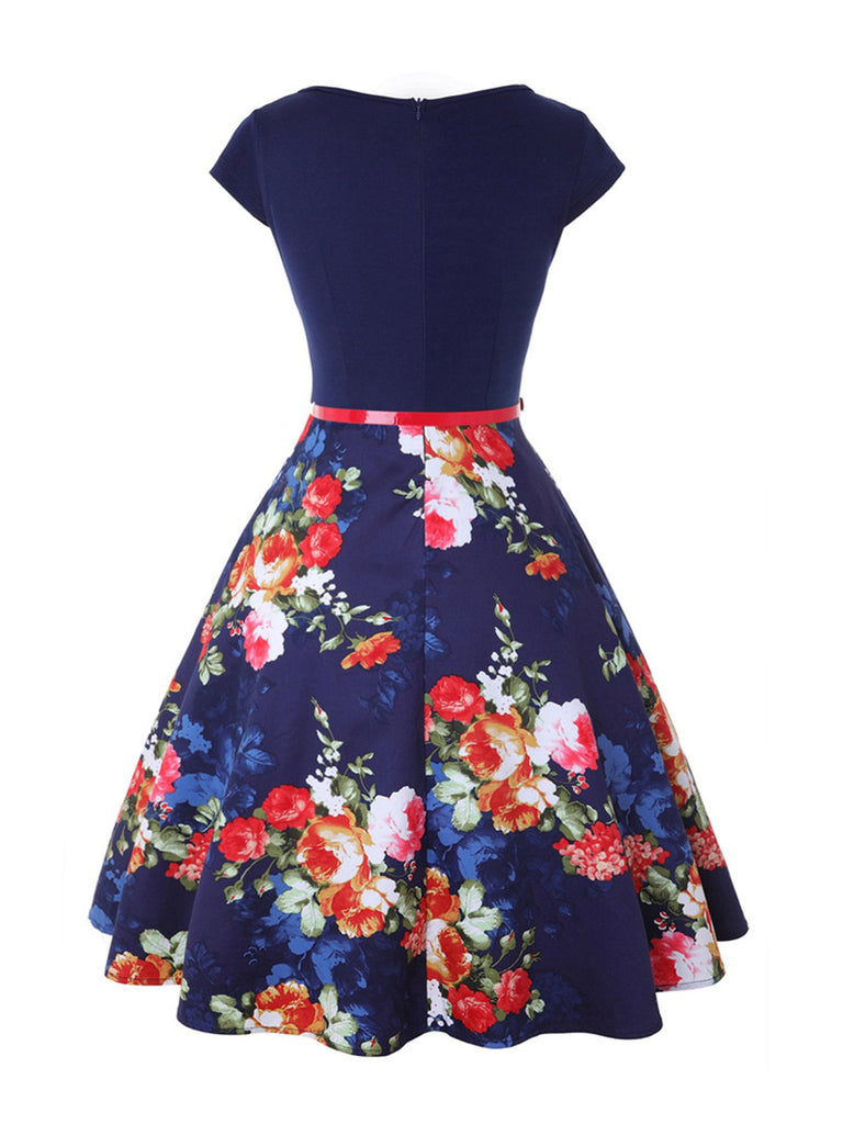 Deep Blue 1950s Floral Patchwork Swing Dress | Retro Stage