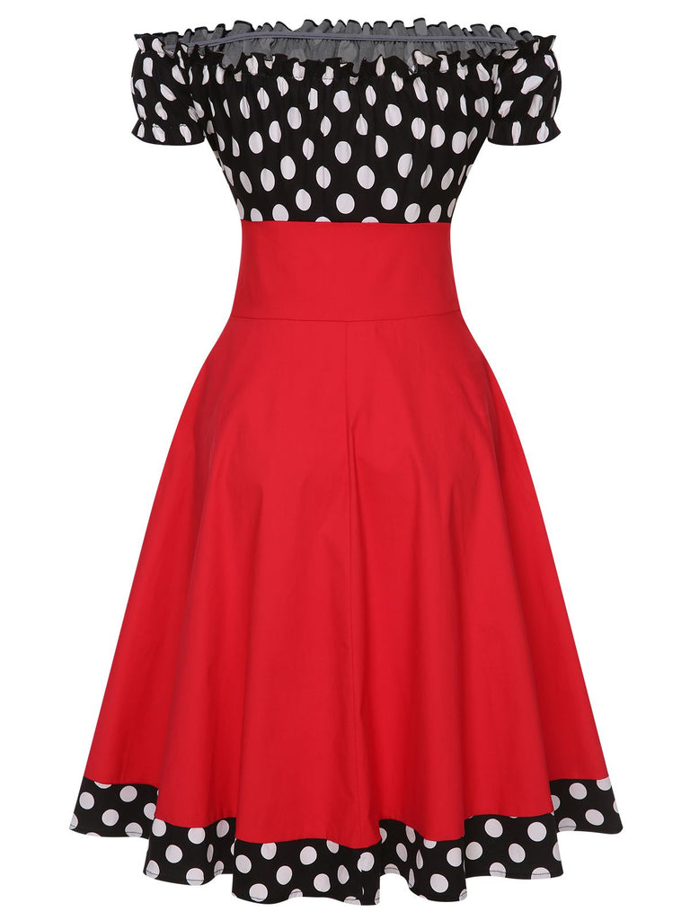 Black & Red 1950s Polka Dots Off Shoulder Dress With Accessories Set