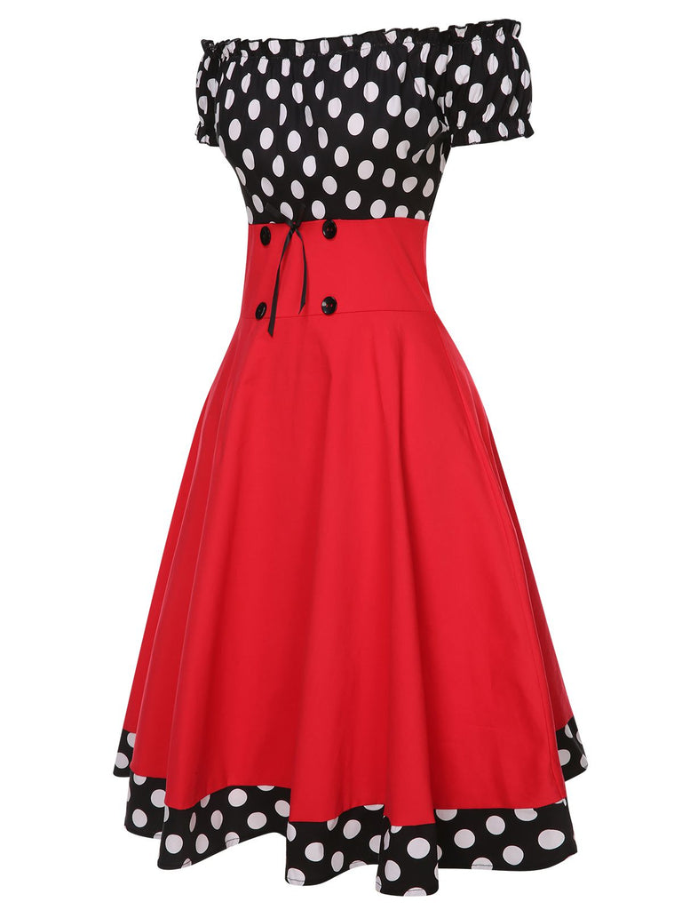 Black & Red 1950s Polka Dots Off Shoulder Dress With Accessories Set