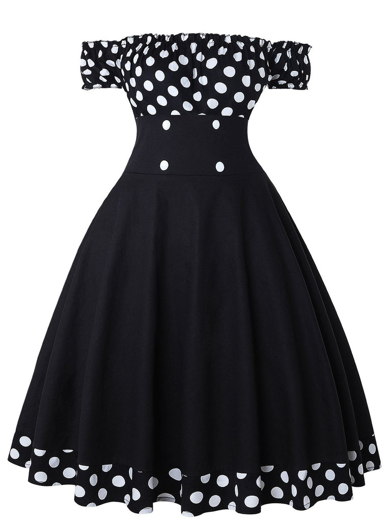 Black 1950s Off Shoulder Polka Dots Dress