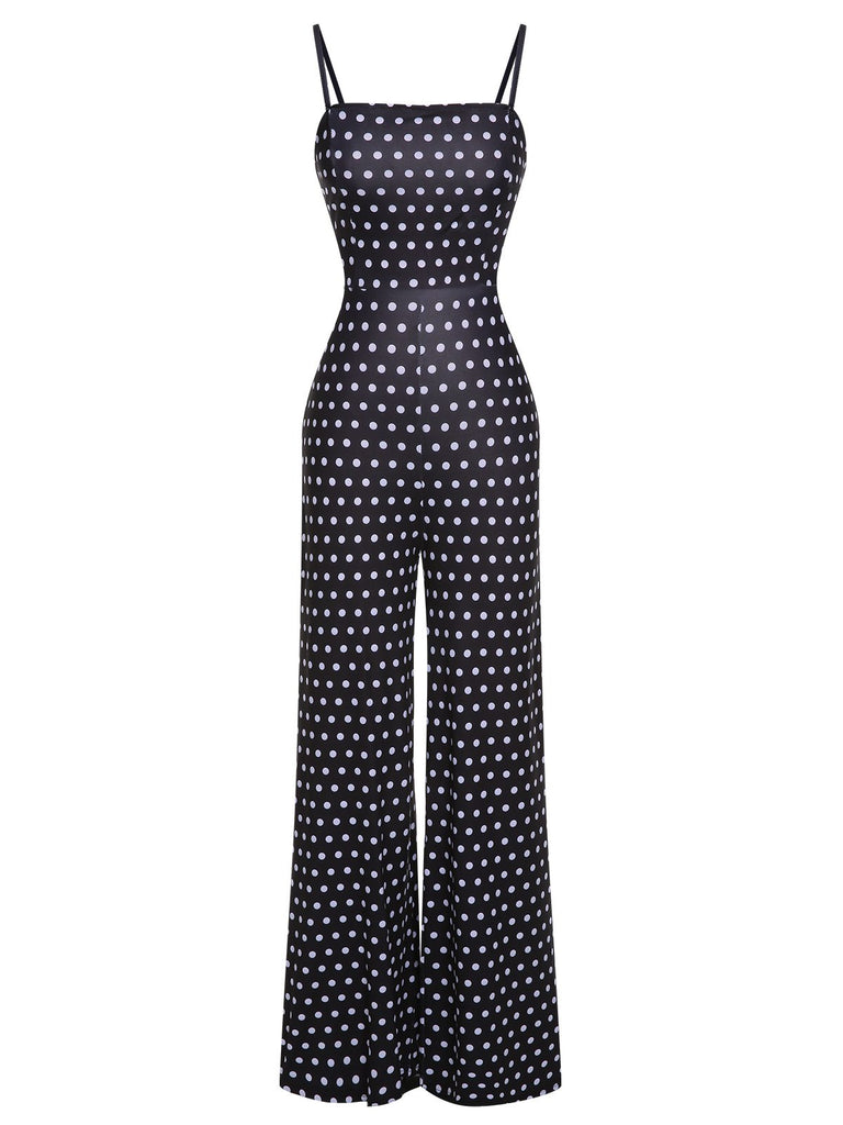 Black 1940s Polka Dots Back Strap Jumpsuit