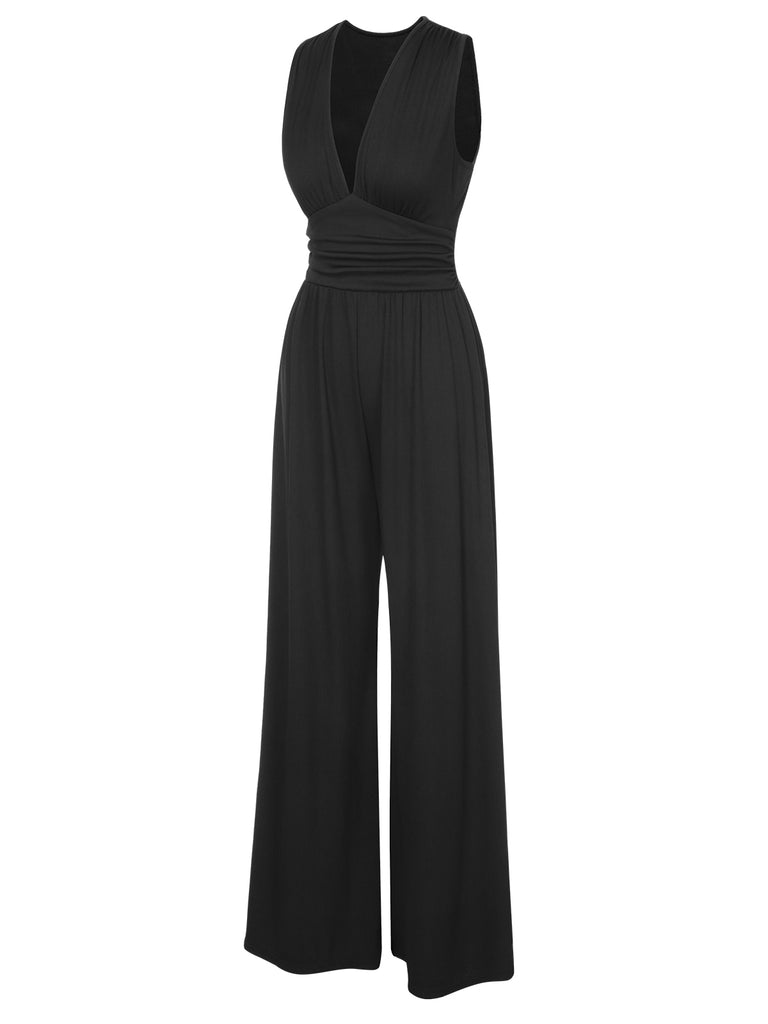 Black 1940s Solid V-Neck Jumpsuit