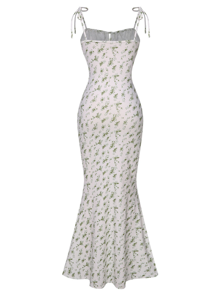 White 1930s Spaghetti Strap Ditsy Floral Dress