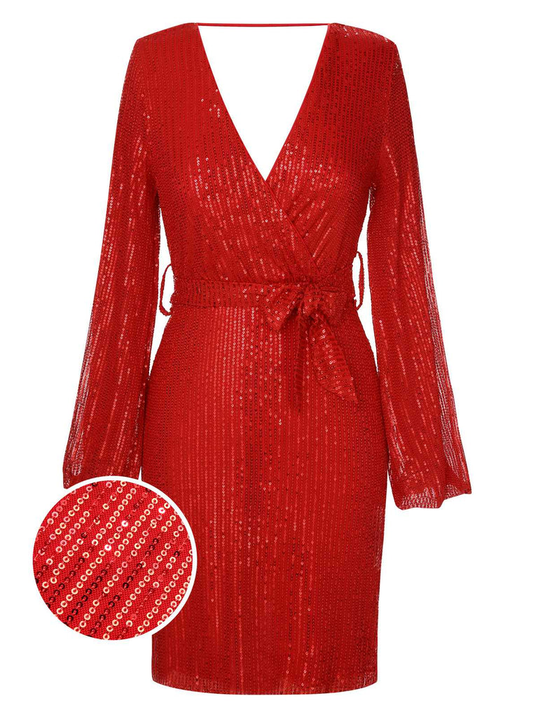 Red 1960s Solid Sequined Lantern Long Sleeves Dress
