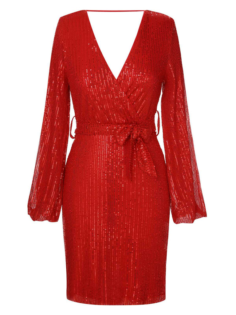 Red 1960s Solid Sequined Lantern Long Sleeves Dress