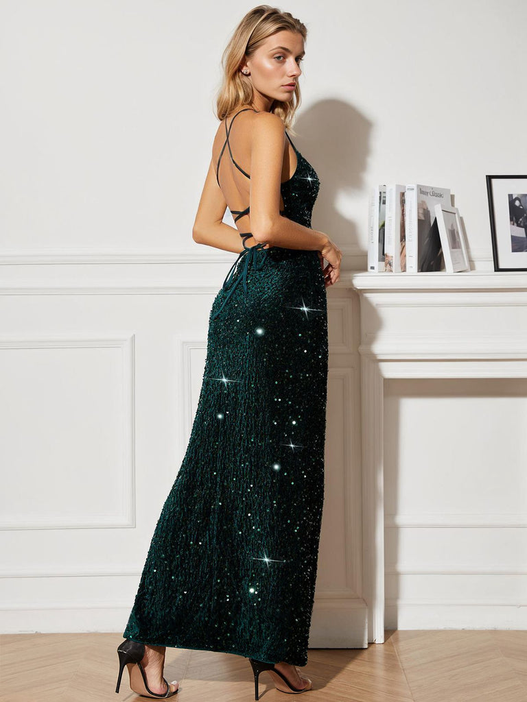 [Pre-Sale] Green 1930s Slit Sequined Strap Dress