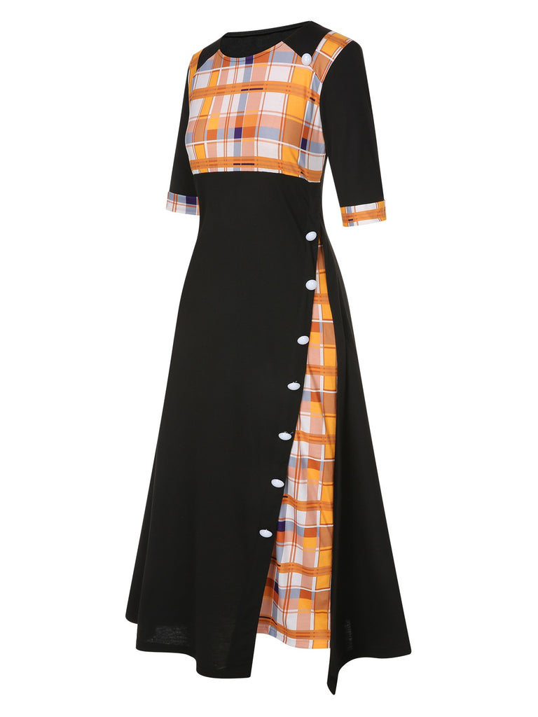 1940s Colorful Plaid Patchwork Buttoned Dress