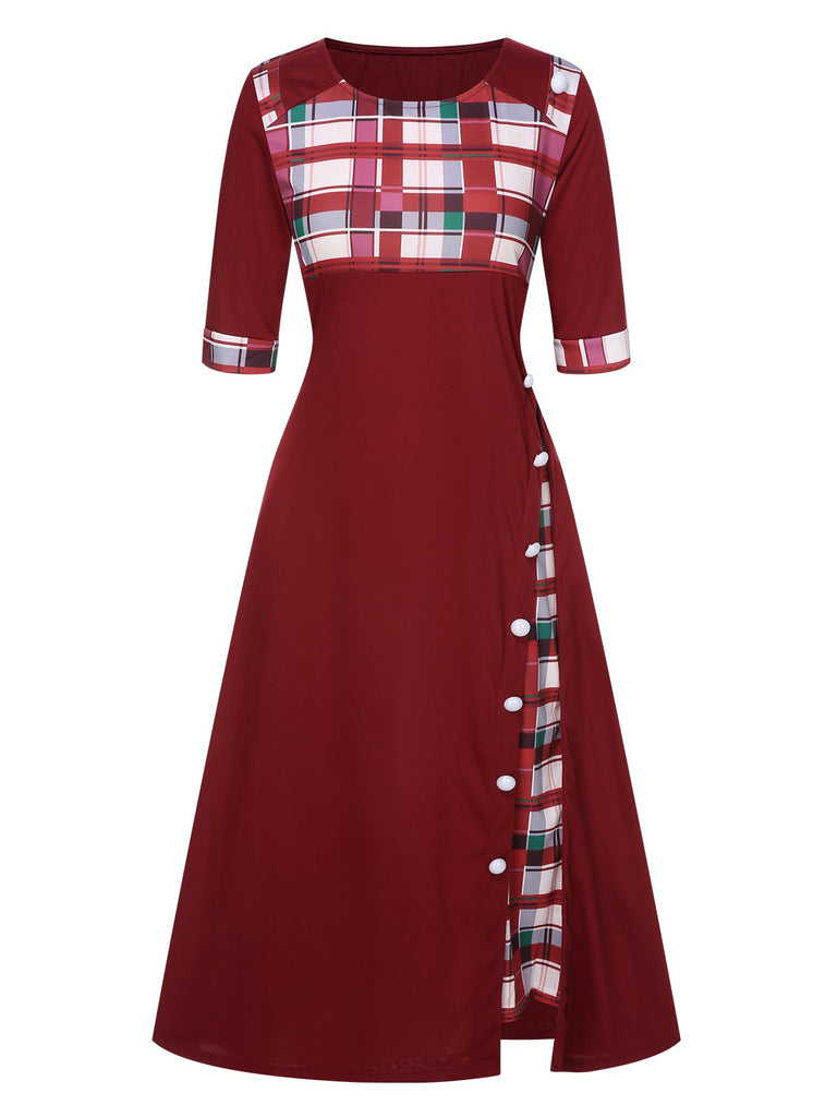 1940s Colorful Plaid Patchwork Buttoned Dress