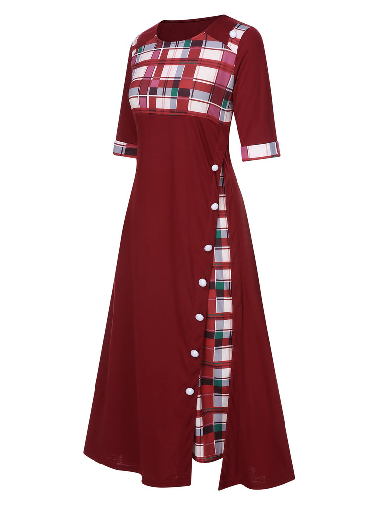 1940s Colorful Plaid Patchwork Buttoned Dress