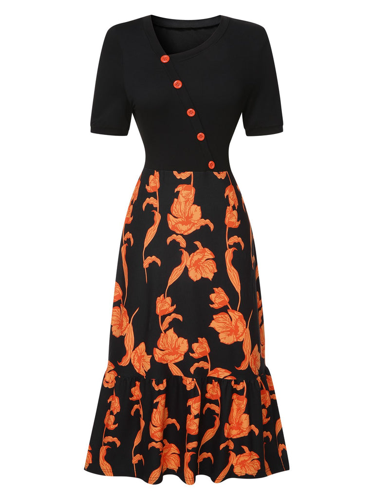 Black 1930s Irregular Neckline Floral Patchwork Dress