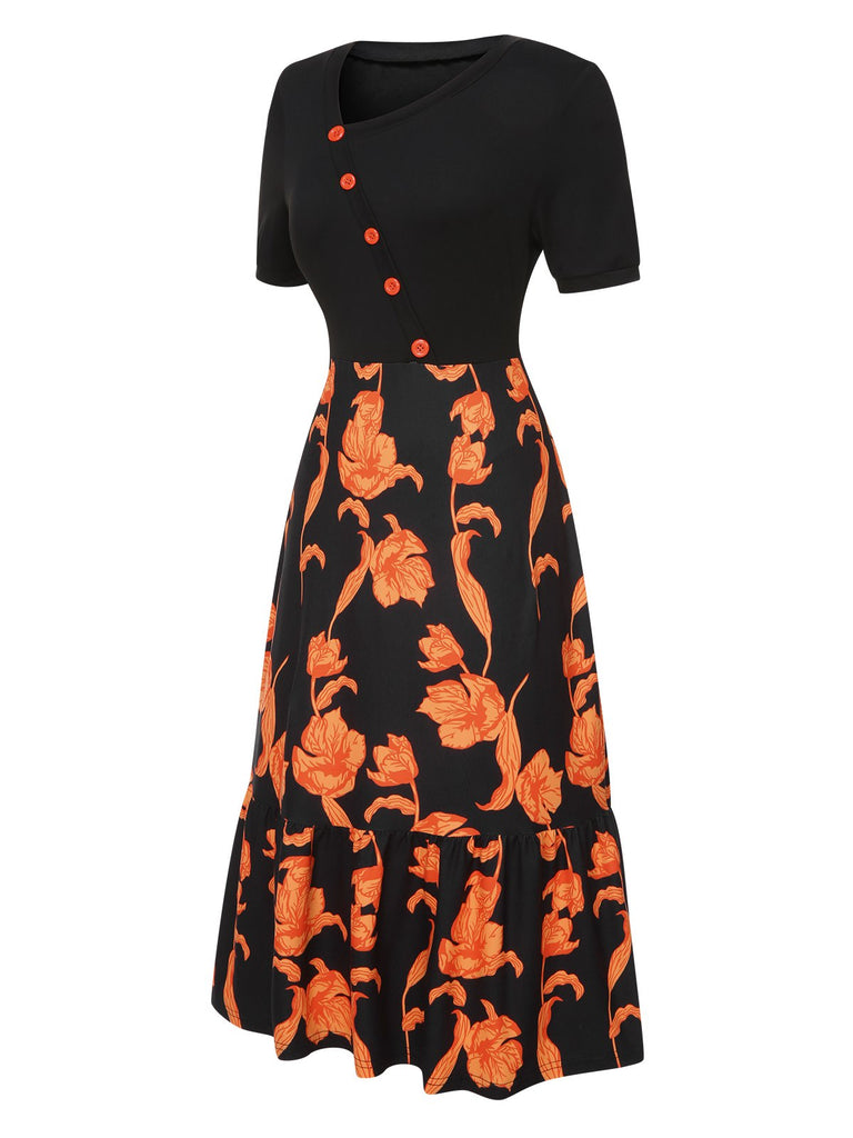 Black 1930s Irregular Neckline Floral Patchwork Dress