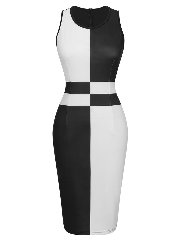 Black 1960s Color Block Pencil Dress