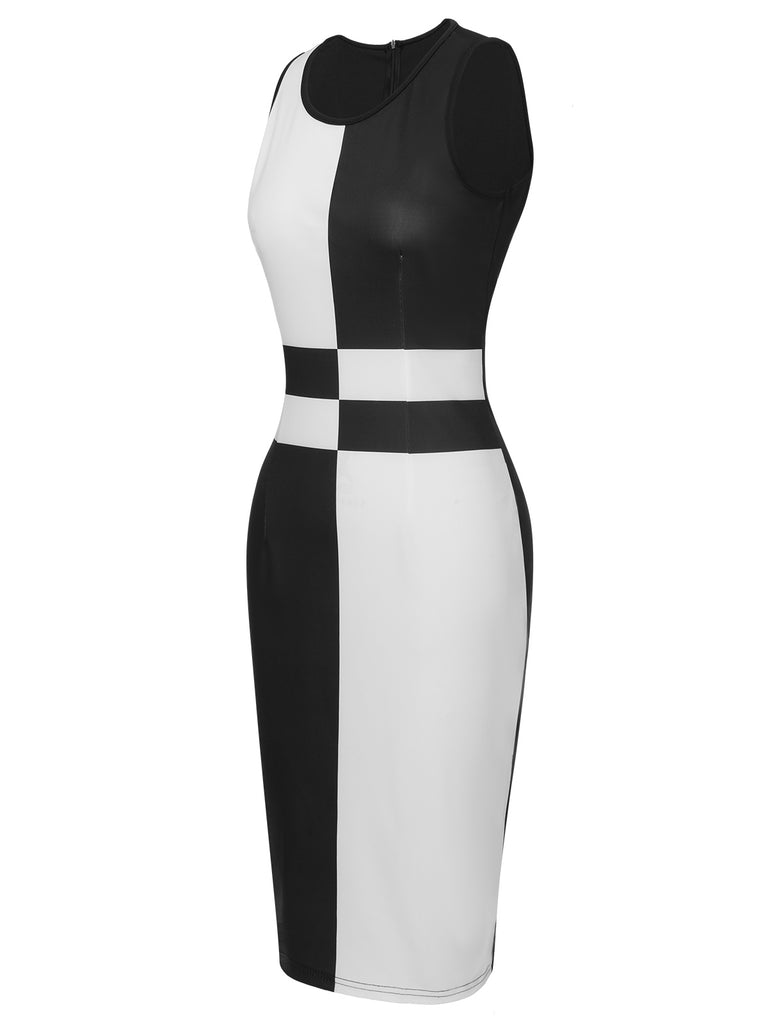 Black 1960s Color Block Pencil Dress