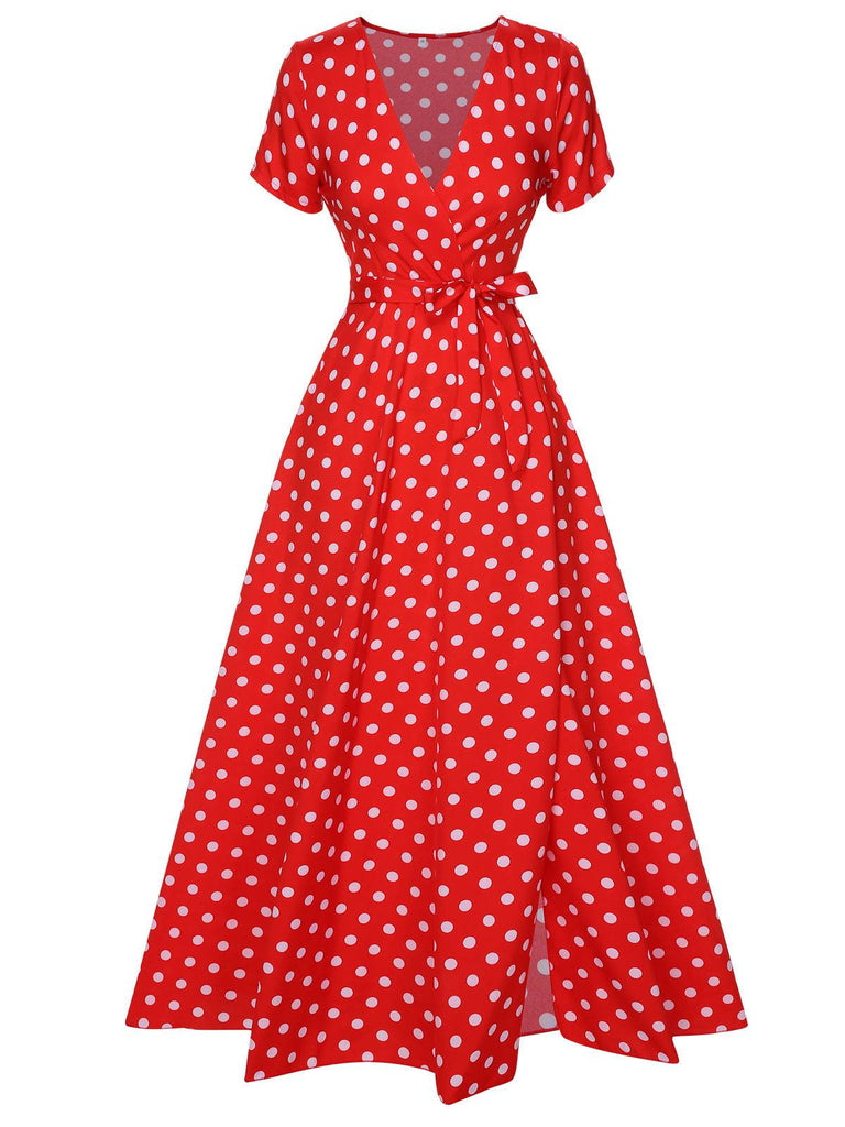 1930s Side Slit Deep V-Neck Polka Dots Dress