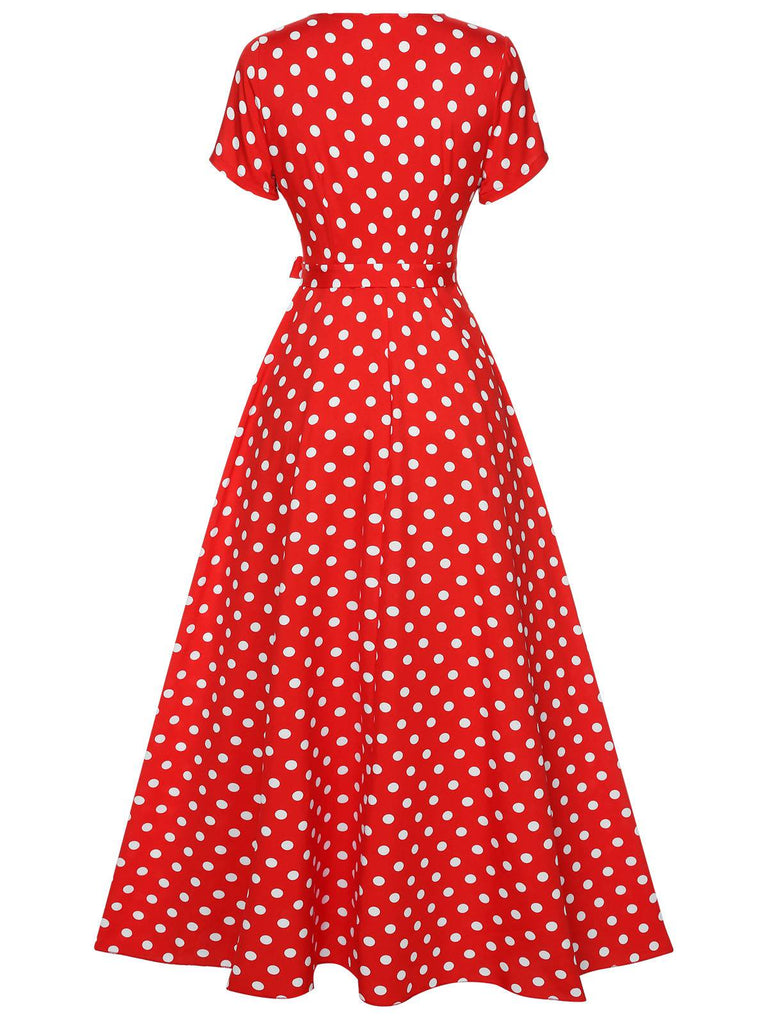 1930s Side Slit Deep V-Neck Polka Dots Dress