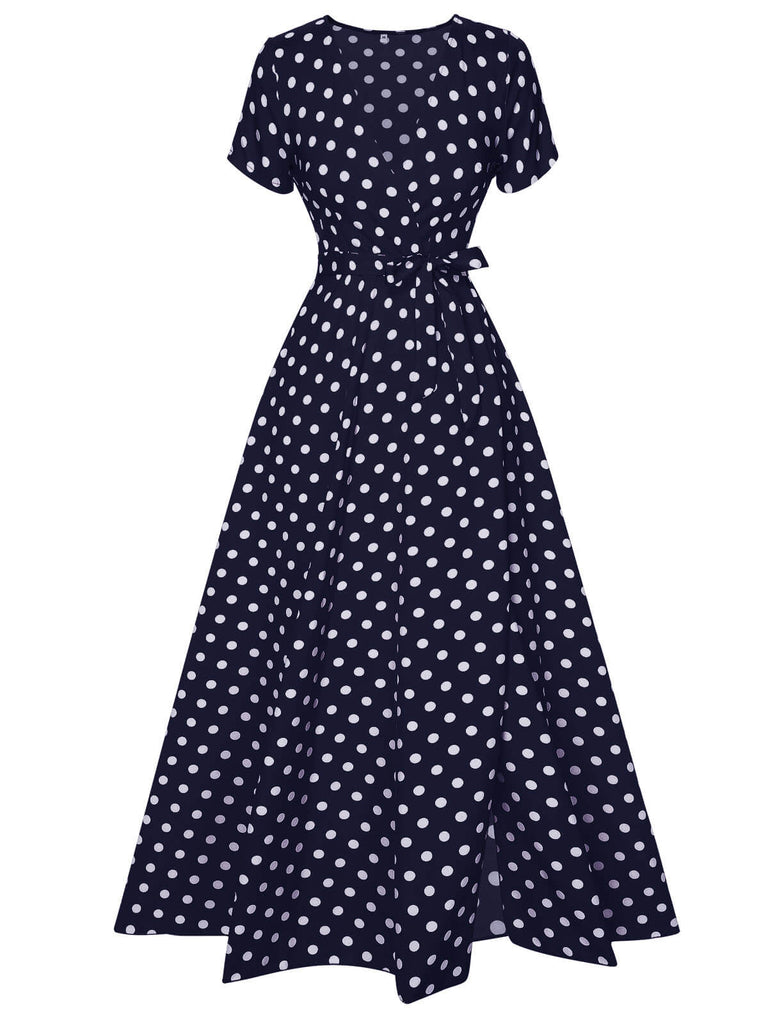 1930s Side Slit Deep V-Neck Polka Dots Dress