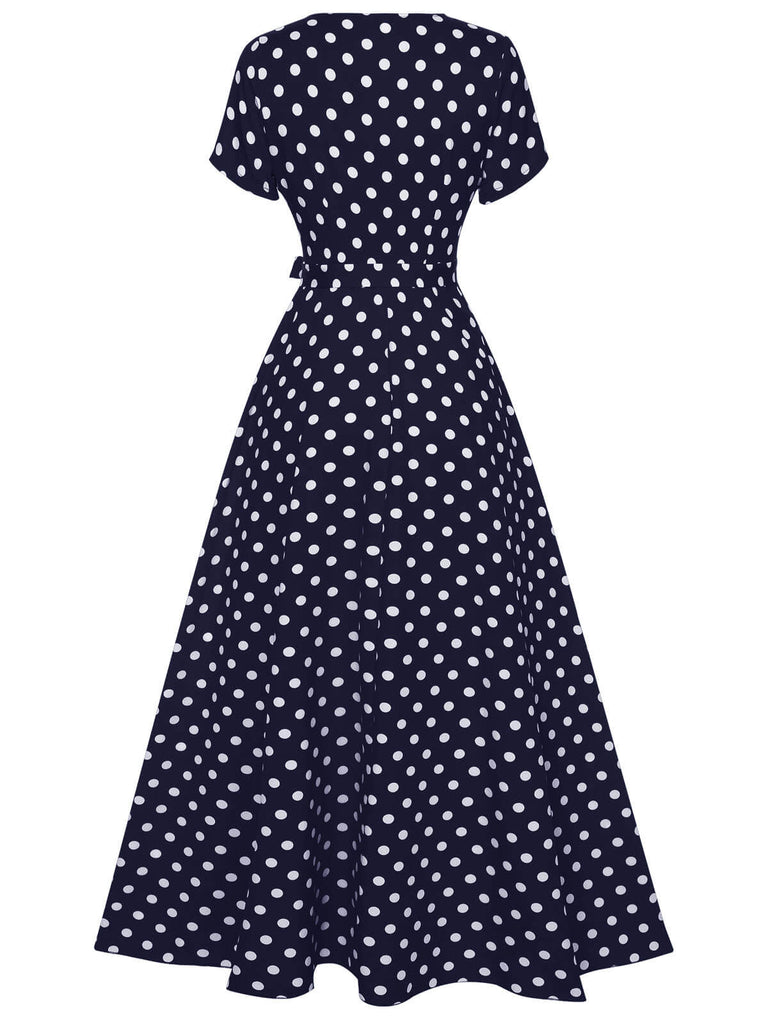 1930s Side Slit Deep V-Neck Polka Dots Dress