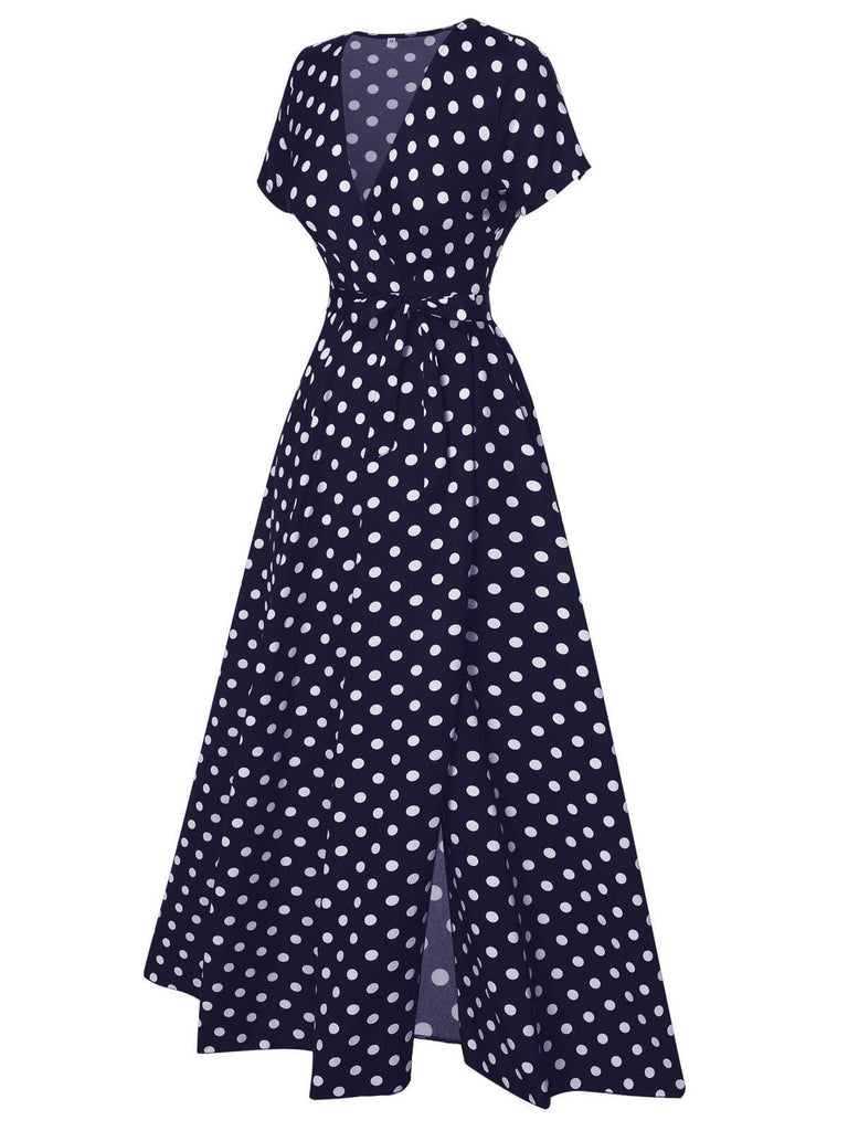 1930s Side Slit Deep V-Neck Polka Dots Dress