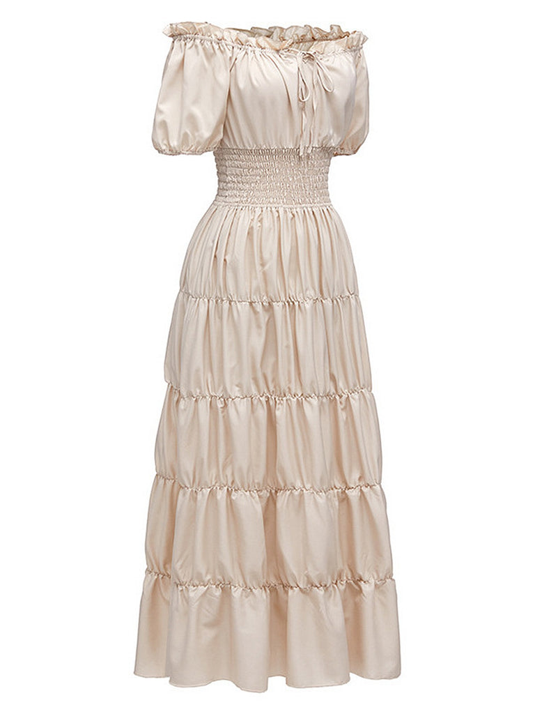 1930s Solid Off-Shoulder Smocked Puff Sleeves Dress