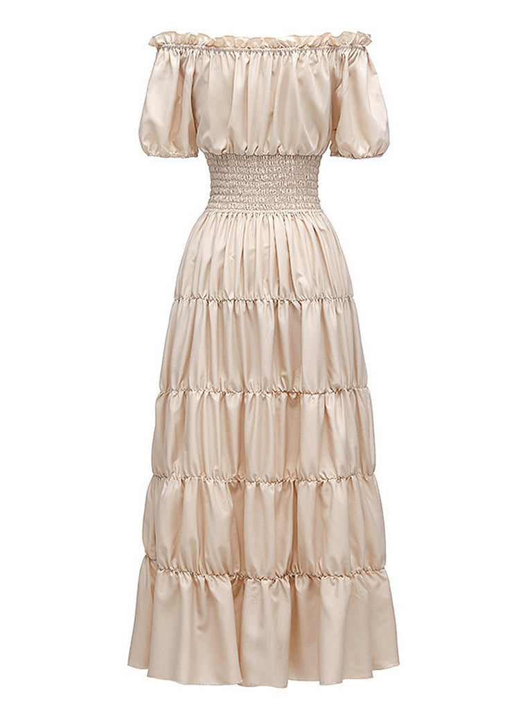 1930s Solid Off-Shoulder Smocked Puff Sleeves Dress