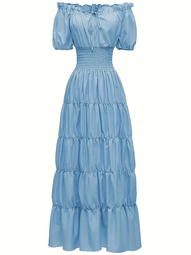 1930s Solid Off-Shoulder Smocked Puff Sleeves Dress