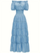 1930s Solid Off-Shoulder Smocked Puff Sleeves Dress