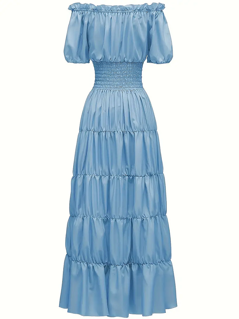 1930s Solid Off-Shoulder Smocked Puff Sleeves Dress