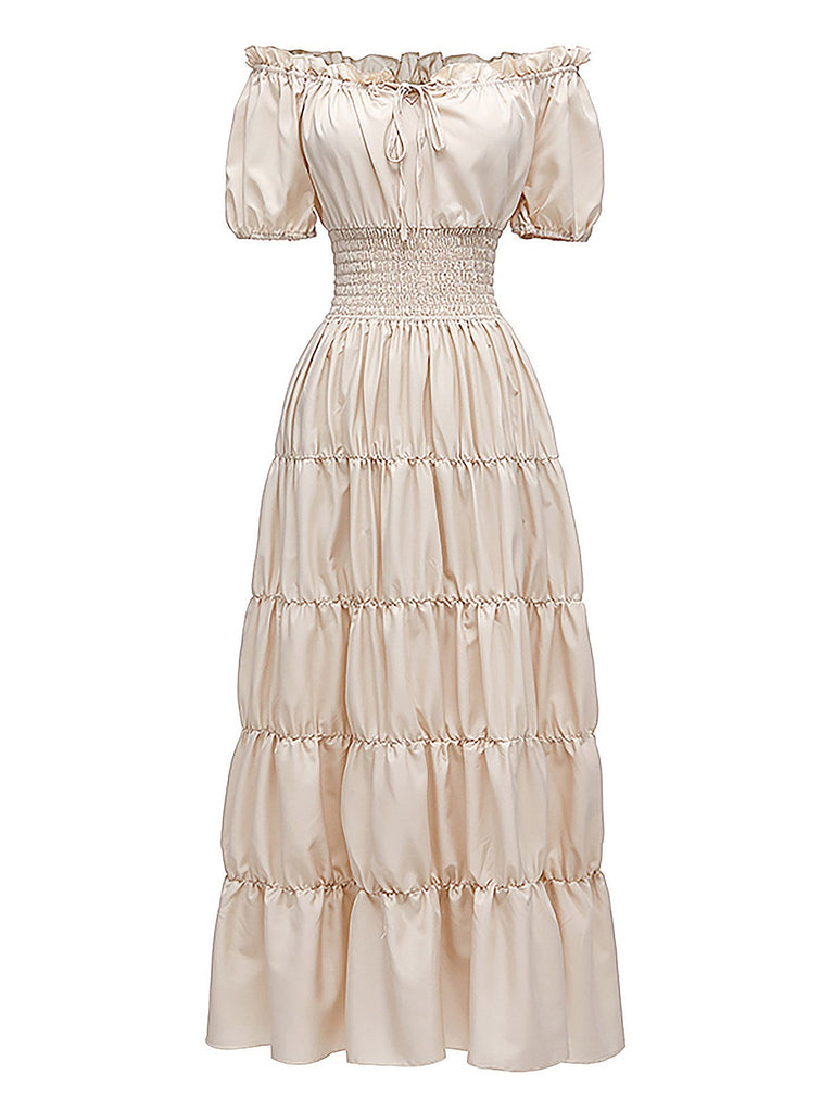 1930s Solid Off-Shoulder Smocked Puff Sleeves Dress