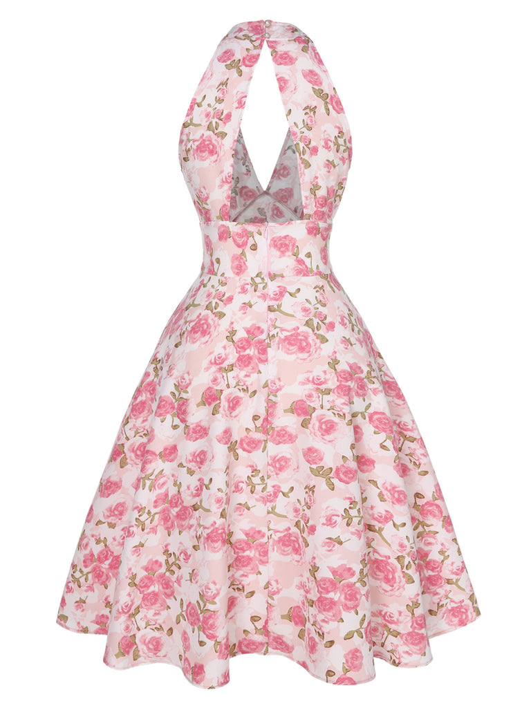 Pink 1950s Floral V-Neck Dress