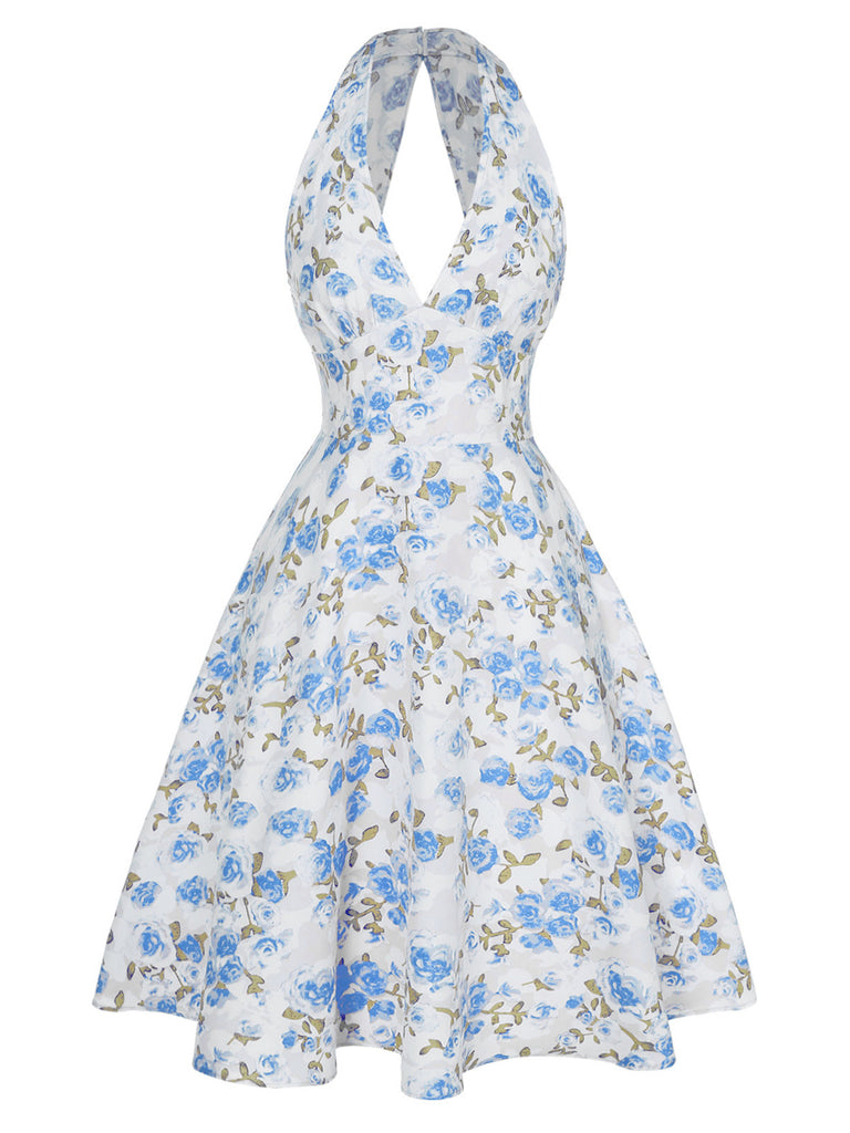 [Pre-Sale] Blue 1950s Floral V-Neck Dress