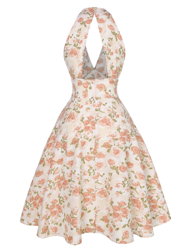 Pink 1950s Floral V-Neck Dress