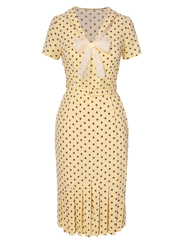 Yellow 1940s Lapel Polka Dots Pleated Dress