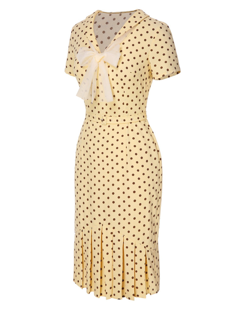 Yellow 1940s Lapel Polka Dots Pleated Dress