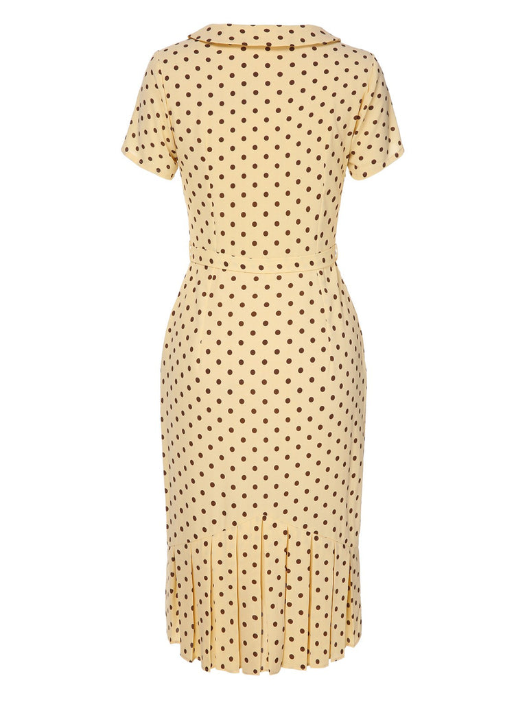 Yellow 1940s Lapel Polka Dots Pleated Dress