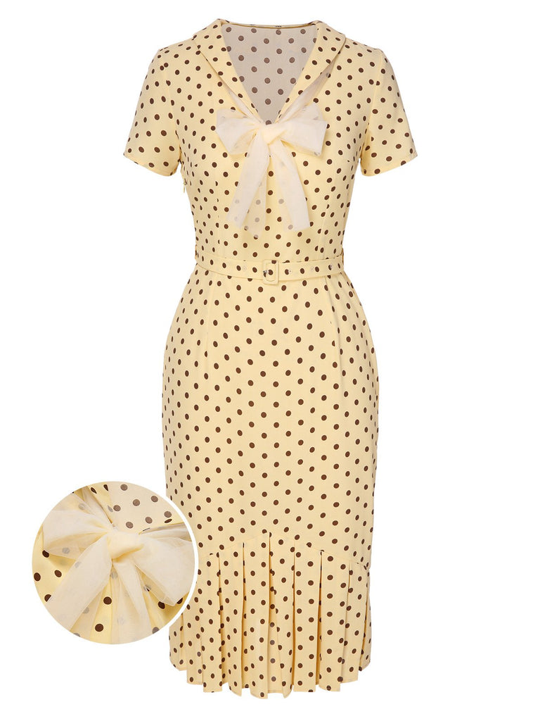 Yellow 1940s Lapel Polka Dots Pleated Dress