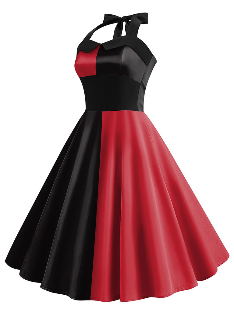 Red&Black 1950s Solid Halter Dress