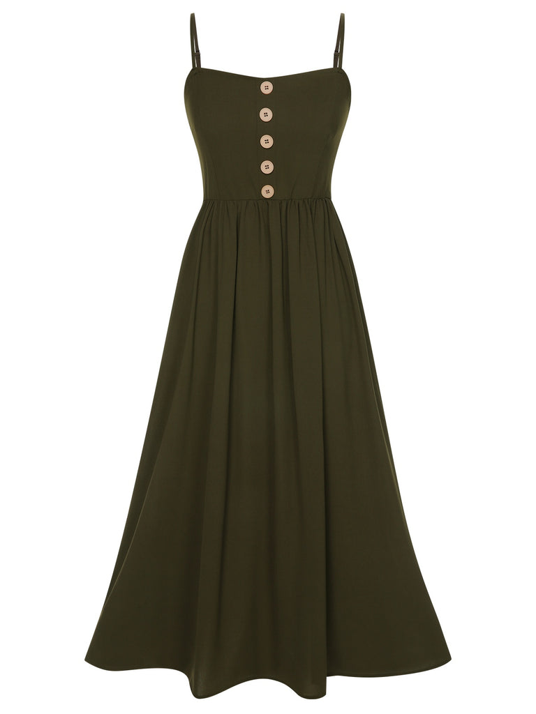 Dark Green 1940s Solid Button Sling Dress