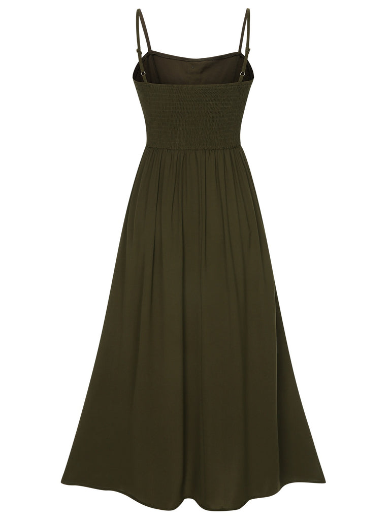 Dark Green 1940s Solid Button Sling Dress