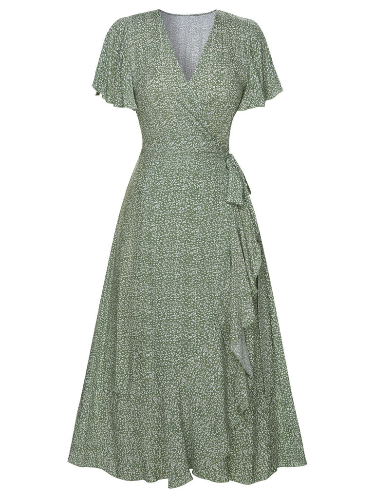 Green 1940s Ditsy Floral Flounce Sleeve Dress | Retro Stage