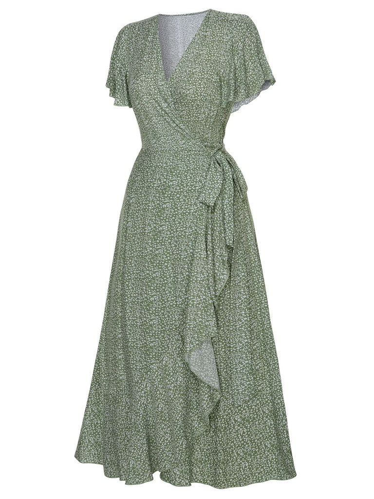 Green 1940s Ditsy Floral Flounce Sleeve Dress