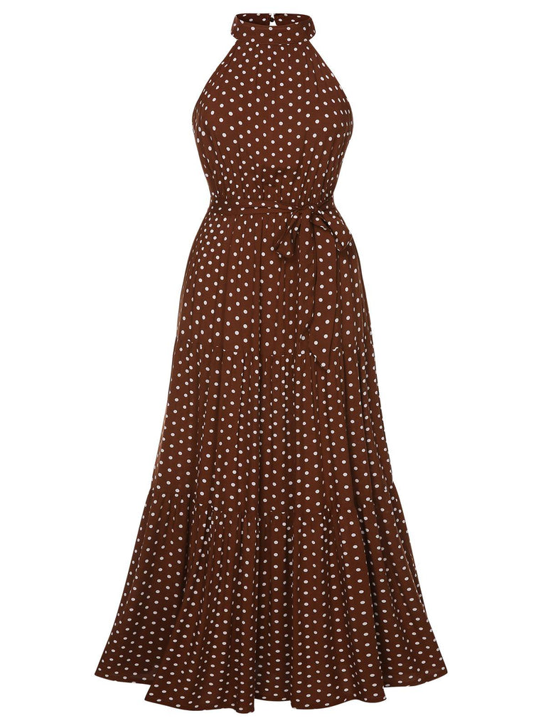 Coffee 1940s Crew Halter Polka Dot Dress