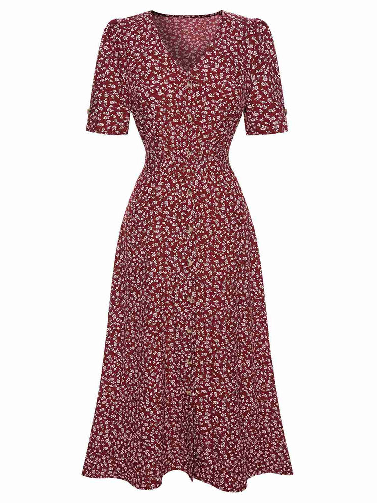 Wine Red 1940s V-Neck Ditsy Floral Dress