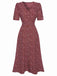 Wine Red 1940s V-Neck Ditsy Floral Dress