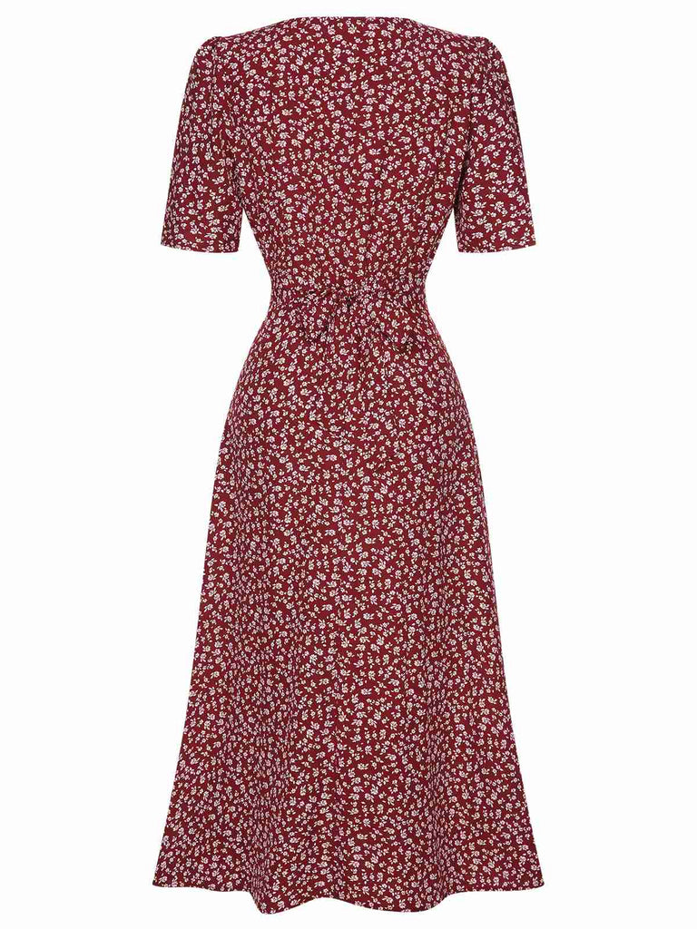 Wine Red 1940s V-Neck Ditsy Floral Dress