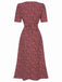 Wine Red 1940s V-Neck Ditsy Floral Dress